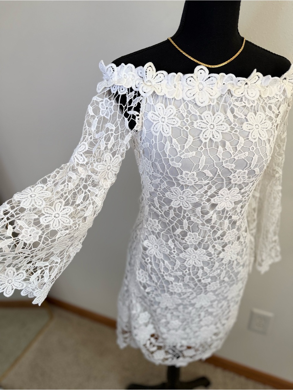 Auxo Collection White Lace Off Shoulder Mini Dress Bell Sleeve S